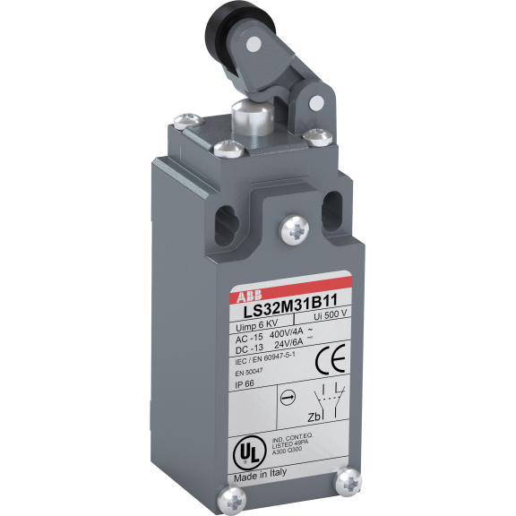 ABB 1SBV011931R1211, LS32M31B11, Komple Metal Nihayet Şalteri, Doğrusal Hareketli Kafa, Yatay Yönde Hareketli Termoplastik Makaralı Kol, 1NA+1NK