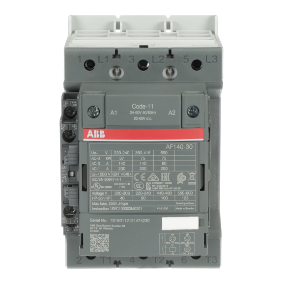 ABB 1SFL447001R1111, AF140-30-11, AF Serisi, 140 Amper, 75 kW, 3 Kutuplu, Kontaktör, 24-60 Volt AC/DC, 1NA+1NK