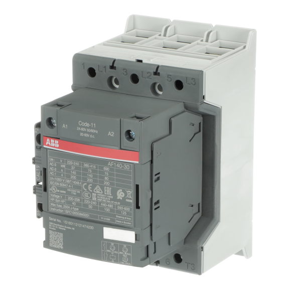 ABB 1SFL447001R1111, AF140-30-11, AF Serisi, 140 Amper, 75 kW, 3 Kutuplu, Kontaktör, 24-60 Volt AC/DC, 1NA+1NK
