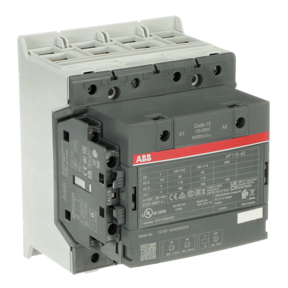 ABB 1SFL447101R1311, AF140-40-11, AF Serisi, 140 Amper AC-3, 200 Amper AC-1, 4 Kutuplu, Kontaktör, 100-250 Volt AC/DC, 1NA+1NK