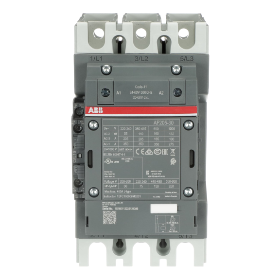 ABB 1SFL527002R1111, AF205-30-11, AF Serisi, 205 Amper, 110 kW, 3 Kutuplu, Kontaktör, 24-60 Volt AC/DC, 1NA+1NK