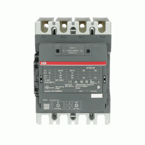 ABB 1SFL527102R1111, AF205-40-11, AF Serisi, 205 Amper AC-3, 350 Amper AC-1, 4 Kutuplu, Kontaktör, 24-60 Volt AC/DC, 1NA+1NK