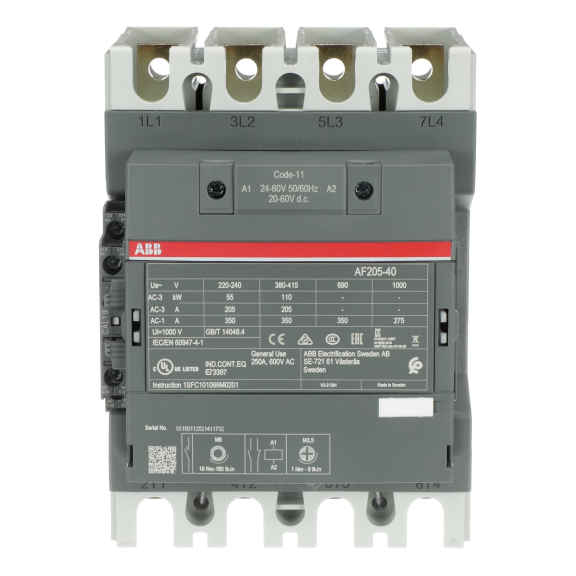 ABB 1SFL527102R1111, AF205-40-11, AF Serisi, 205 Amper AC-3, 350 Amper AC-1, 4 Kutuplu, Kontaktör, 24-60 Volt AC/DC, 1NA+1NK