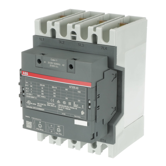 ABB 1SFL527102R1111, AF205-40-11, AF Serisi, 205 Amper AC-3, 350 Amper AC-1, 4 Kutuplu, Kontaktör, 24-60 Volt AC/DC, 1NA+1NK