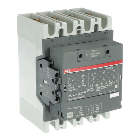 ABB 1SFL527102R1111, AF205-40-11, AF Serisi, 205 Amper AC-3, 350 Amper AC-1, 4 Kutuplu, Kontaktör, 24-60 Volt AC/DC, 1NA+1NK