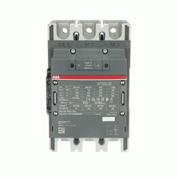 ABB 1SFL547002R1311, AF265-30-11, AF Serisi, 265 Amper, 140 kW, 3 Kutuplu, Kontaktör, 100-250 Volt AC/DC, 1NA+1NK