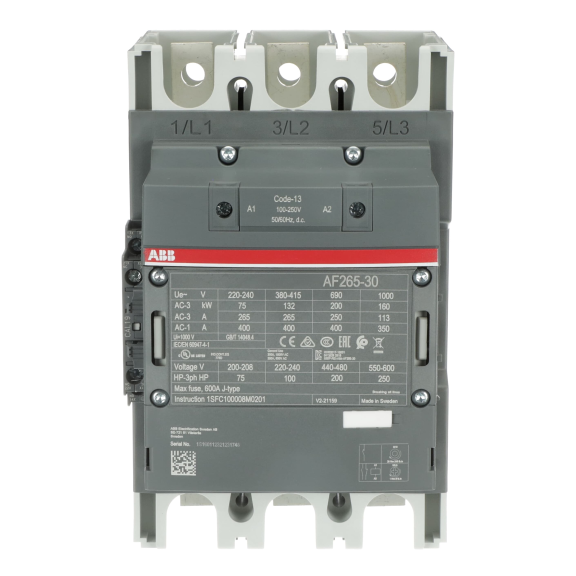 ABB 1SFL547002R1311, AF265-30-11, AF Serisi, 265 Amper, 140 kW, 3 Kutuplu, Kontaktör, 100-250 Volt AC/DC, 1NA+1NK