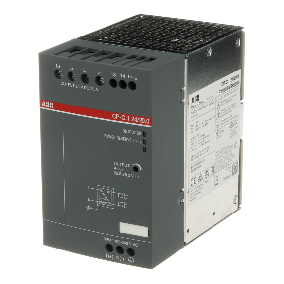 ABB 1SVR360763R1001, CP-C.1 24/20.0, 480 W, 20 Amper, 24 Volt DC, Ray Tipi Güç Kaynağı, Monofaze 100-240 Volt AC Giriş Gerilimi