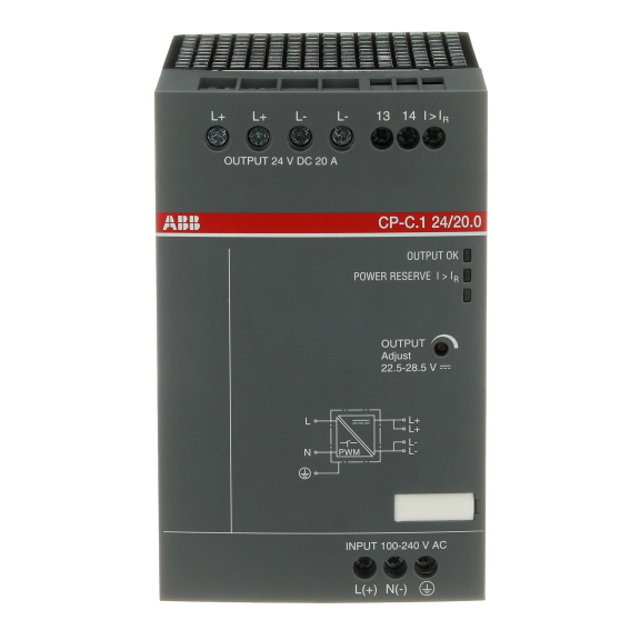 ABB 1SVR360763R1001, CP-C.1 24/20.0, 480 W, 20 Amper, 24 Volt DC, Ray Tipi Güç Kaynağı, Monofaze 100-240 Volt AC Giriş Gerilimi
