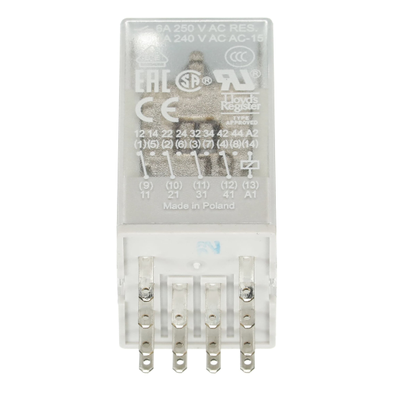 ABB 1SVR405613R1000, CR-M024DC4, 6 Amper, 24 Volt DC, 4 K/A Kontaklı, 14 Pinli, Soketli Röle, Test Butonlu