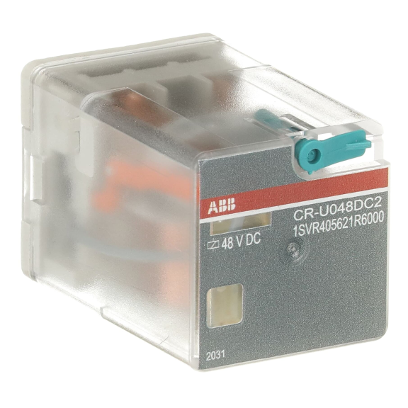 ABB 1SVR405621R6000, CR-U048DC2, 10 Amper, 48 Volt DC, 2 K/A Kontaklı, 8 Silindirik Pinli, Soketli Röle, Test Butonlu