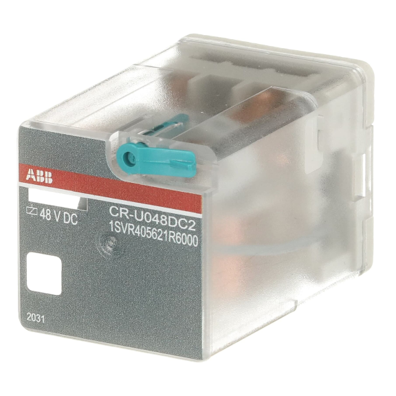 ABB 1SVR405621R6000, CR-U048DC2, 10 Amper, 48 Volt DC, 2 K/A Kontaklı, 8 Silindirik Pinli, Soketli Röle, Test Butonlu
