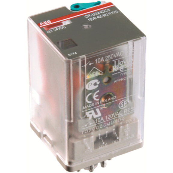 ABB 1SVR405622R6000, CR-U048DC3, 10 Amper, 48 Volt DC, 3 K/A Kontaklı, 11 Silindirik Pinli, Soketli Röle, Test Butonlu