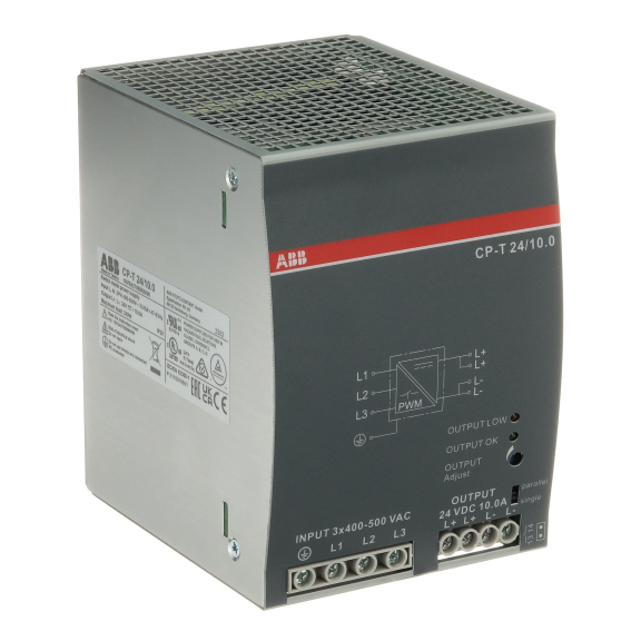 ABB 1SVR427055R0000, CP-T 24/10.0, 240 W, 10 Amper, 24 Volt DC, Ray Tipi Güç Kaynağı, Trifaze 400-500 Volt AC Giriş Gerilimi