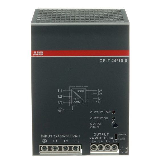 ABB 1SVR427055R0000, CP-T 24/10.0, 240 W, 10 Amper, 24 Volt DC, Ray Tipi Güç Kaynağı, Trifaze 400-500 Volt AC Giriş Gerilimi