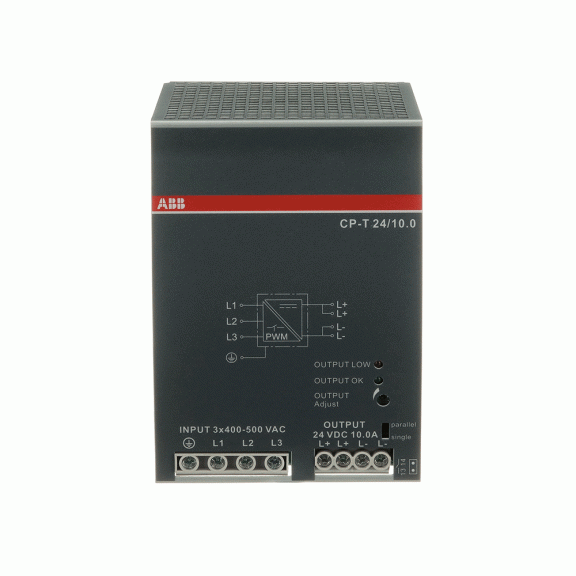 ABB 1SVR427055R0000, CP-T 24/10.0, 240 W, 10 Amper, 24 Volt DC, Ray Tipi Güç Kaynağı, Trifaze 400-500 Volt AC Giriş Gerilimi