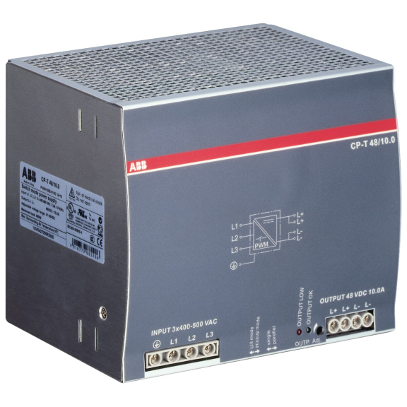 ABB 1SVR427055R2000, CP-T 48/10.0, 480 W, 10 Amper, 48 Volt DC, Ray Tipi Güç Kaynağı, Trifaze 400-500 Volt AC Giriş Gerilimi