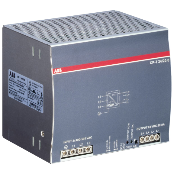 ABB 1SVR427056R0000, CP-T 24/20.0, 480 W, 20 Amper, 24 Volt DC, Ray Tipi Güç Kaynağı, Trifaze 400-500 Volt AC Giriş Gerilimi