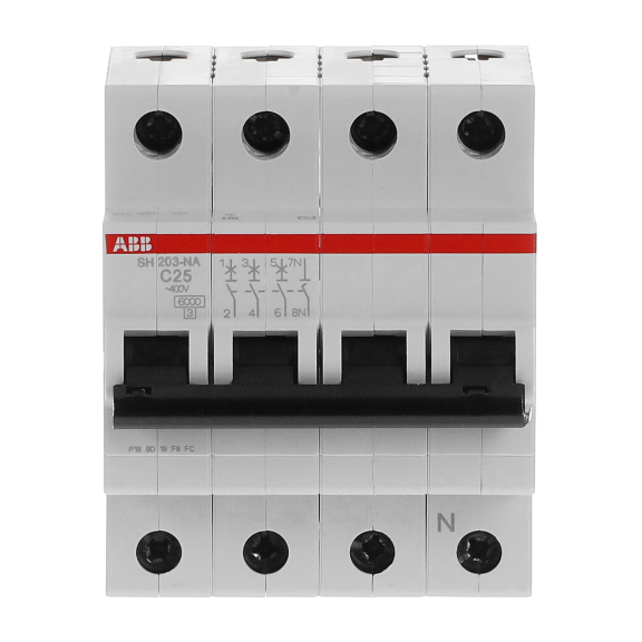 ABB 2CDS213103R0254, SH 203-C 25 NA, Compact Home, 25 Amper, 4 Kutuplu, C Tipi, Otomatik Sigorta, 6 kA, 4x25C