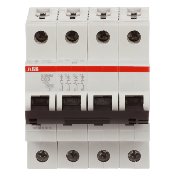 ABB 2CDS274001R0634, S 204 M-C 63, System Pro M, 63 Amper, 4 Kutuplu, C Tipi, Otomatik Sigorta, 10 kA, 4x63C