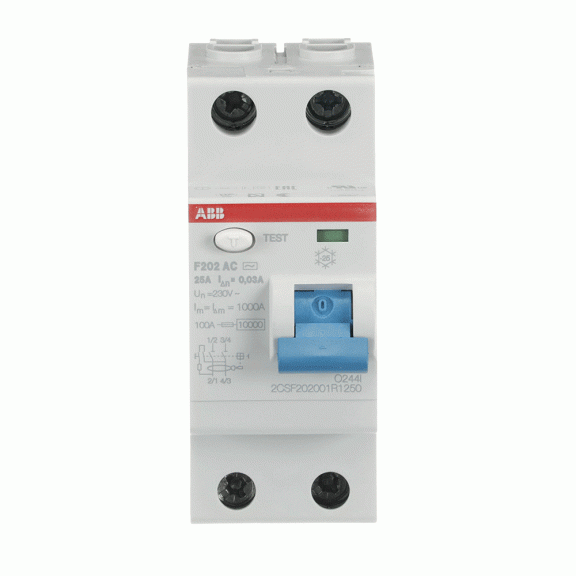 ABB 2CSF202001R1250, F202 AC-25/0.03, System Pro M, 25 Amper, 30 mA, AC Tip, Kaçak Akım Koruma Rölesi, 2 Kutuplu (1 Faz+Nötr)