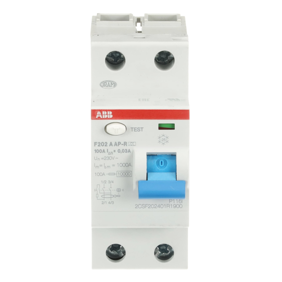 ABB 2CSF202401R1900, F202 A-100/0.03 AP-R, System Pro M, 100 Amper, 30 mA, A-APR Tip, Kaçak Akım Koruma Rölesi, 2 Kutuplu (1 Faz+Nötr)