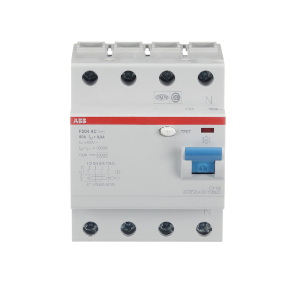 ABB 2CSF204001R3800, F204 AC-80/0.3, System Pro M, 80 Amper, 300 mA, AC Tip, Kaçak Akım Koruma Rölesi, 4 Kutuplu (3 Faz+Nötr)