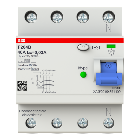 ABB 2CSF204568R1400, F204 B-40/0.03, System Pro M, 40 Amper, 30 mA, B Tip, Kaçak Akım Koruma Rölesi, 4 Kutuplu (3 Faz+Nötr)
