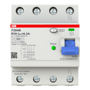 ABB 2CSF204568R3630, F204 B-63/0.3, System Pro M, 63 Amper, 300 mA, B Tip, Kaçak Akım Koruma Rölesi, 4 Kutuplu (3 Faz+Nötr)