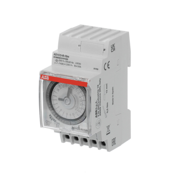 ABB 2CSM208151R1000, AD1CO-R-15m, Modüler DIN, Elektromekanik Zaman Saati, 24 Saat Döngü, 150 Saat Rezervli, 1A/K Kontak