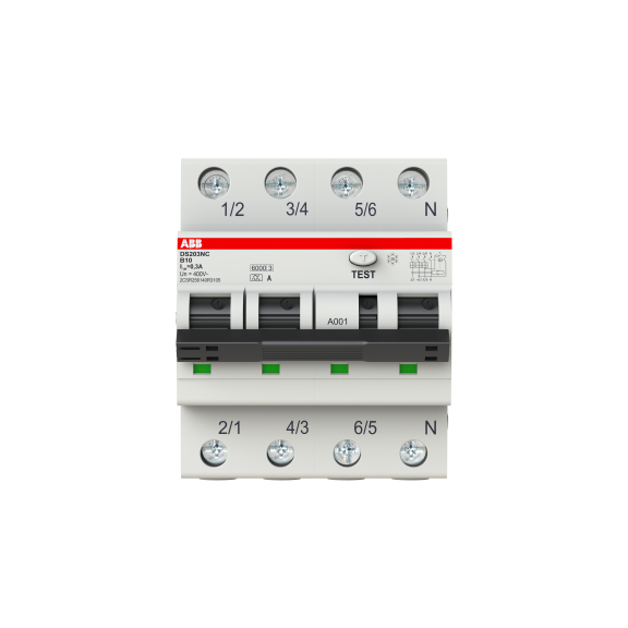 ABB 2CSR256040R1104, DS203NC C10 AC30, System Pro M, 10 Amper, 30mA, AC Tip, Kaçak Akım Korumalı Otomatik Sigorta, 6 kA, C Tipi, 3 Faz+Nötr