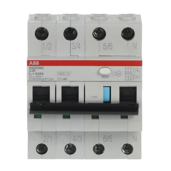 ABB 2CSR256040R1204, DS203NC C20 AC30, System Pro M, 20 Amper, 30mA, AC Tip, Kaçak Akım Korumalı Otomatik Sigorta, 6 kA, C Tipi, 3 Faz+Nötr