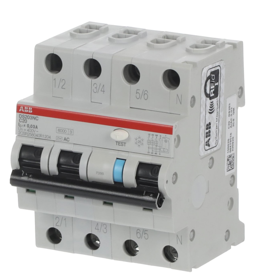 ABB 2CSR256040R1204, DS203NC C20 AC30, System Pro M, 20 Amper, 30mA, AC Tip, Kaçak Akım Korumalı Otomatik Sigorta, 6 kA, C Tipi, 3 Faz+Nötr