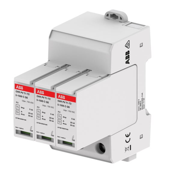 ABB 2CTB812050R1500, OVR PV T1-T2 5-1500 P QS, Fotovoltaik, Kartuşlu DC Parafudr, 3 Kutup, Tip 1+Tip 2, 1500V