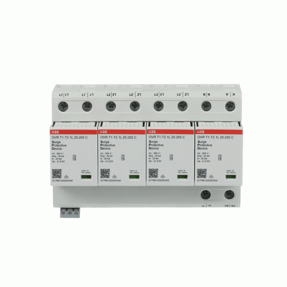 ABB 2CTB812101R2300, OVR T1-T2 4L 100-255 P TS, Modüler DIN, Kartuşlu Tip, AG Parafudr, 4 Kutup, Tip 1+Tip 2, B ve C Sınıfı, 60 kA