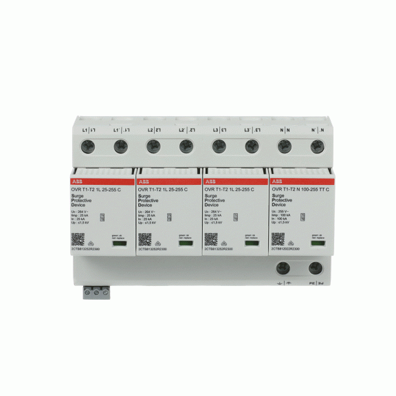 ABB 2CTB812111R2300, OVR T1-T2 3N 100-255 P TS, Modüler DIN, Kartuşlu Tip, AG Parafudr, 4 Kutup, Tip 1+Tip 2, B ve C Sınıfı, 60 kA