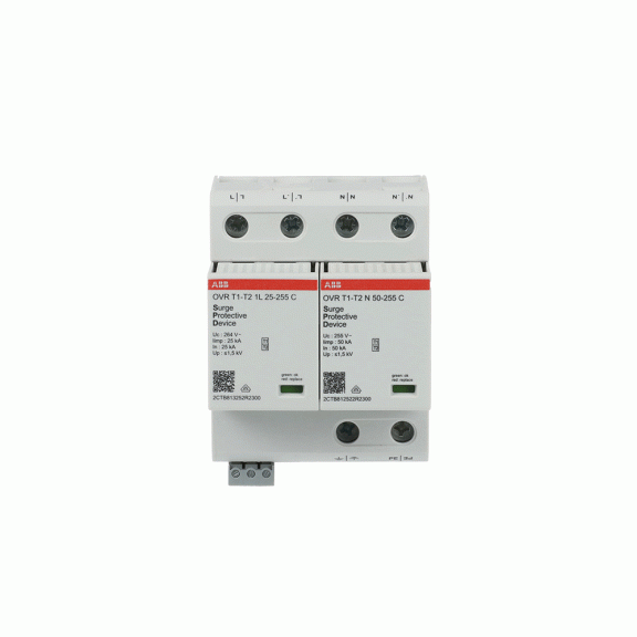 ABB 2CTB812511R2300, OVR T1-T2 1N 50-255 P TS, Modüler DIN, Kartuşlu Tip, AG Parafudr, 2 Kutup, Tip 1+Tip 2, B ve C Sınıfı, 60 kA