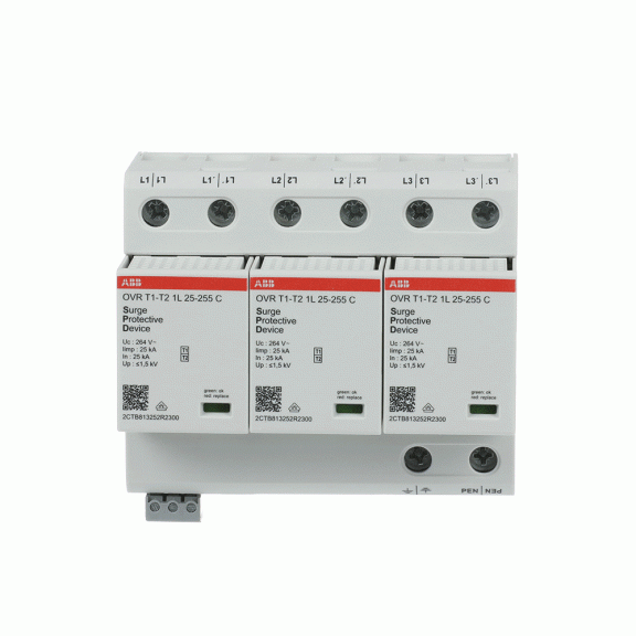 ABB 2CTB812751R2300, OVR T1-T2 3L 75-255 P TS, Modüler DIN, Kartuşlu Tip, AG Parafudr, 3 Kutup, Tip 1+Tip 2, B ve C Sınıfı, 60 kA