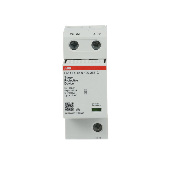 ABB 2CTB813010R2300, OVR T1-T2 N 100-255 P, Modüler DIN, Kartuşlu Tip, Nötr Parafudr, 1 Kutup, Tip 1+Tip 2, B ve C Sınıfı, 60 kA