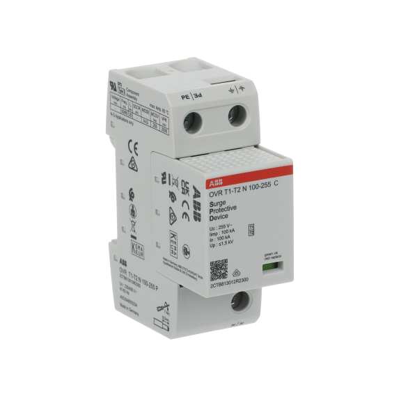 ABB 2CTB813010R2300, OVR T1-T2 N 100-255 P, Modüler DIN, Kartuşlu Tip, Nötr Parafudr, 1 Kutup, Tip 1+Tip 2, B ve C Sınıfı, 60 kA