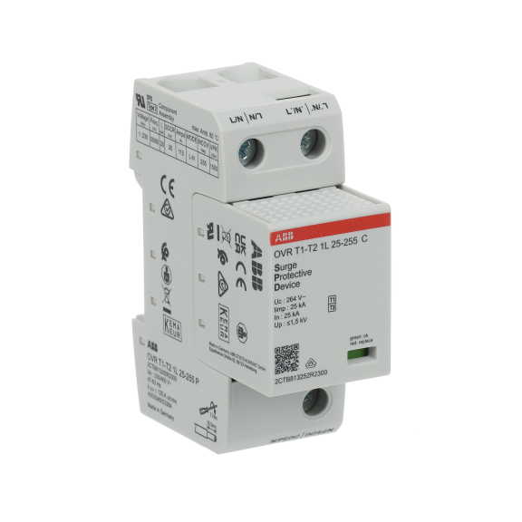 ABB 2CTB813250R2300, OVR T1-T2 1L 25-255 P, Modüler DIN, Kartuşlu Tip, AG Parafudr, 1 Kutup, Tip 1+Tip 2, B ve C Sınıfı, 60 kA