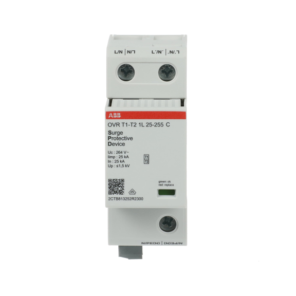 ABB 2CTB813251R2300, OVR T1-T2 1L 25-255 P TS, Modüler DIN, Kartuşlu Tip, AG Parafudr, 1 Kutup, Tip 1+Tip 2, B ve C Sınıfı, 60 kA