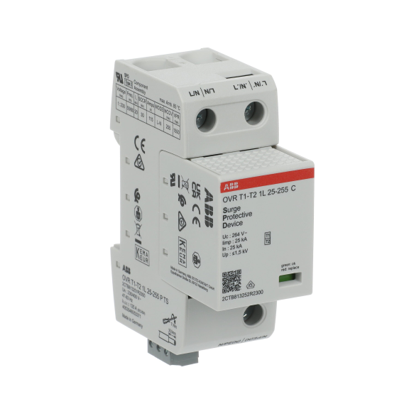 ABB 2CTB813251R2300, OVR T1-T2 1L 25-255 P TS, Modüler DIN, Kartuşlu Tip, AG Parafudr, 1 Kutup, Tip 1+Tip 2, B ve C Sınıfı, 60 kA
