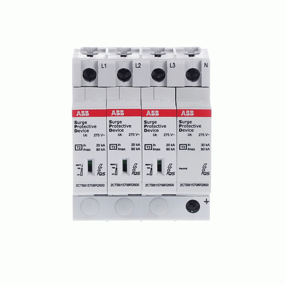ABB 2CTB815708R2000, OVR T2 3N 80-275s P QS, Modüler DIN, Kartuşlu Tip, AG Parafudr, 3 Kutup+Nötr, Tip 2, C Sınıfı, 80 kA