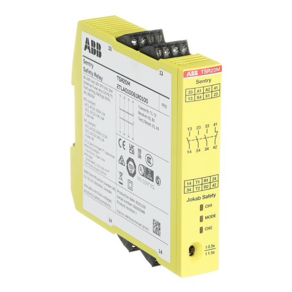 ABB 2TLA010061R0100, TSR20M, Güvenlik Rölesi, 0.5sn veya 1.5sn Kapama Gecikmeli, 3NA+1NK, 85-265 Volt AC/120-375 Volt DC