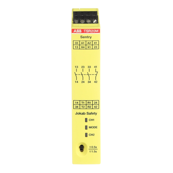 ABB 2TLA010061R0100, TSR20M, Güvenlik Rölesi, 0.5sn veya 1.5sn Kapama Gecikmeli, 3NA+1NK, 85-265 Volt AC/120-375 Volt DC