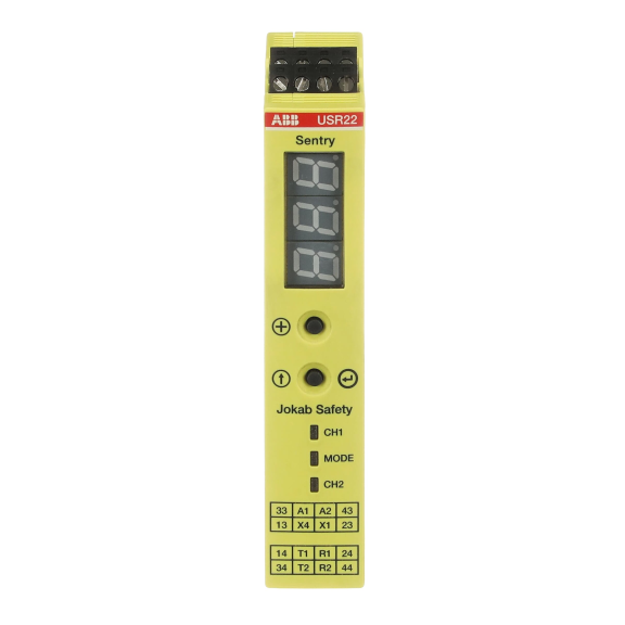 ABB 2TLA010070R0000, USR10, Güvenlik Rölesi, Manuel Reset Fonksiyonlu, 0.5sn veya 1.5sn Kapama Gecikmeli, Zamanlayıcı Fonksiyonu 0-999sn, 3NA+1NK, 24 Volt DC