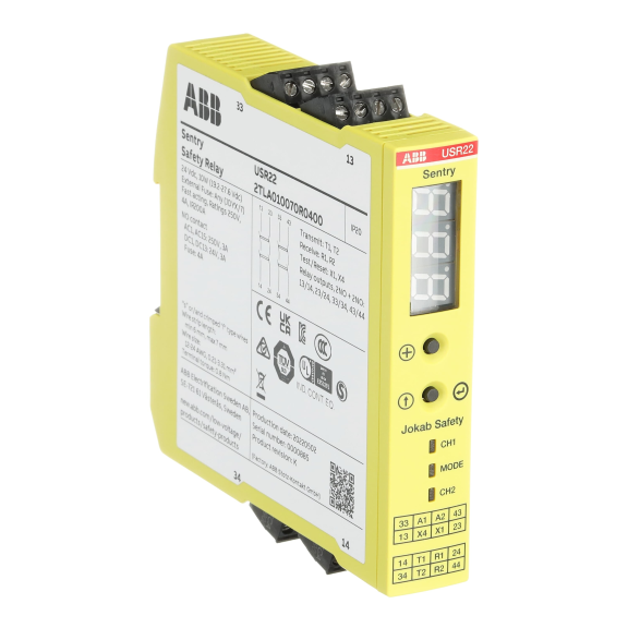 ABB 2TLA010070R0400, USR22, Güvenlik Rölesi, Manuel Reset Fonksiyonlu, 0.5sn veya 1.5sn Kapama Gecikmeli, Zamanlayıcı Fonksiyonu 0-999sn, 2NA+2NA(Gecikmeli), 24 Volt DC