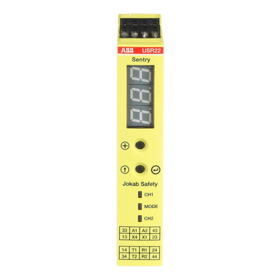 ABB 2TLA010070R0400, USR22, Güvenlik Rölesi, Manuel Reset Fonksiyonlu, 0.5sn veya 1.5sn Kapama Gecikmeli, Zamanlayıcı Fonksiyonu 0-999sn, 2NA+2NA(Gecikmeli), 24 Volt DC