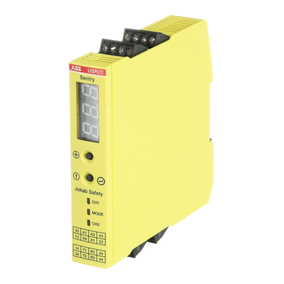 ABB 2TLA010070R0400, USR22, Güvenlik Rölesi, Manuel Reset Fonksiyonlu, 0.5sn veya 1.5sn Kapama Gecikmeli, Zamanlayıcı Fonksiyonu 0-999sn, 2NA+2NA(Gecikmeli), 24 Volt DC